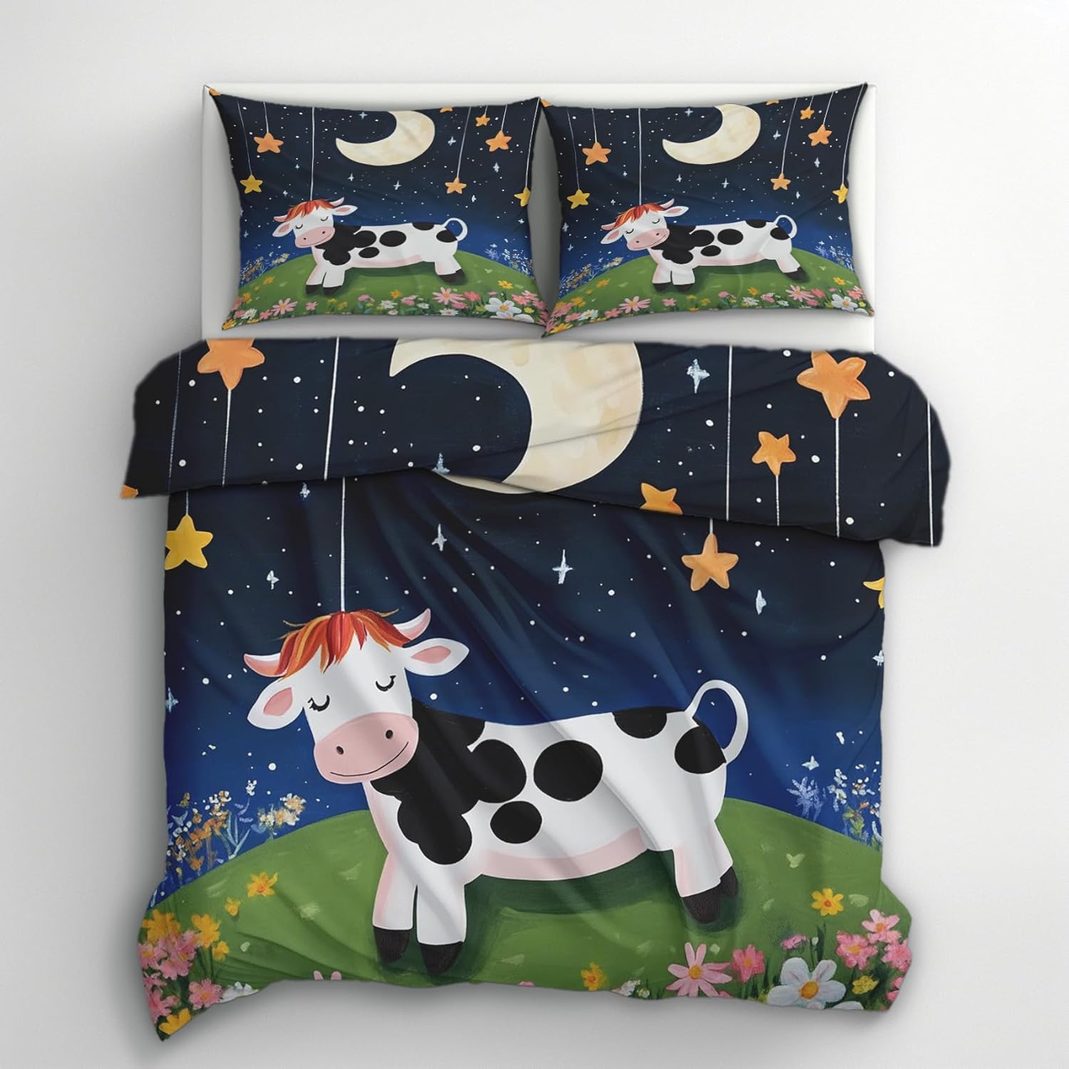 Kids Cow Duvet Cover Cal King Set with Zipper Ties