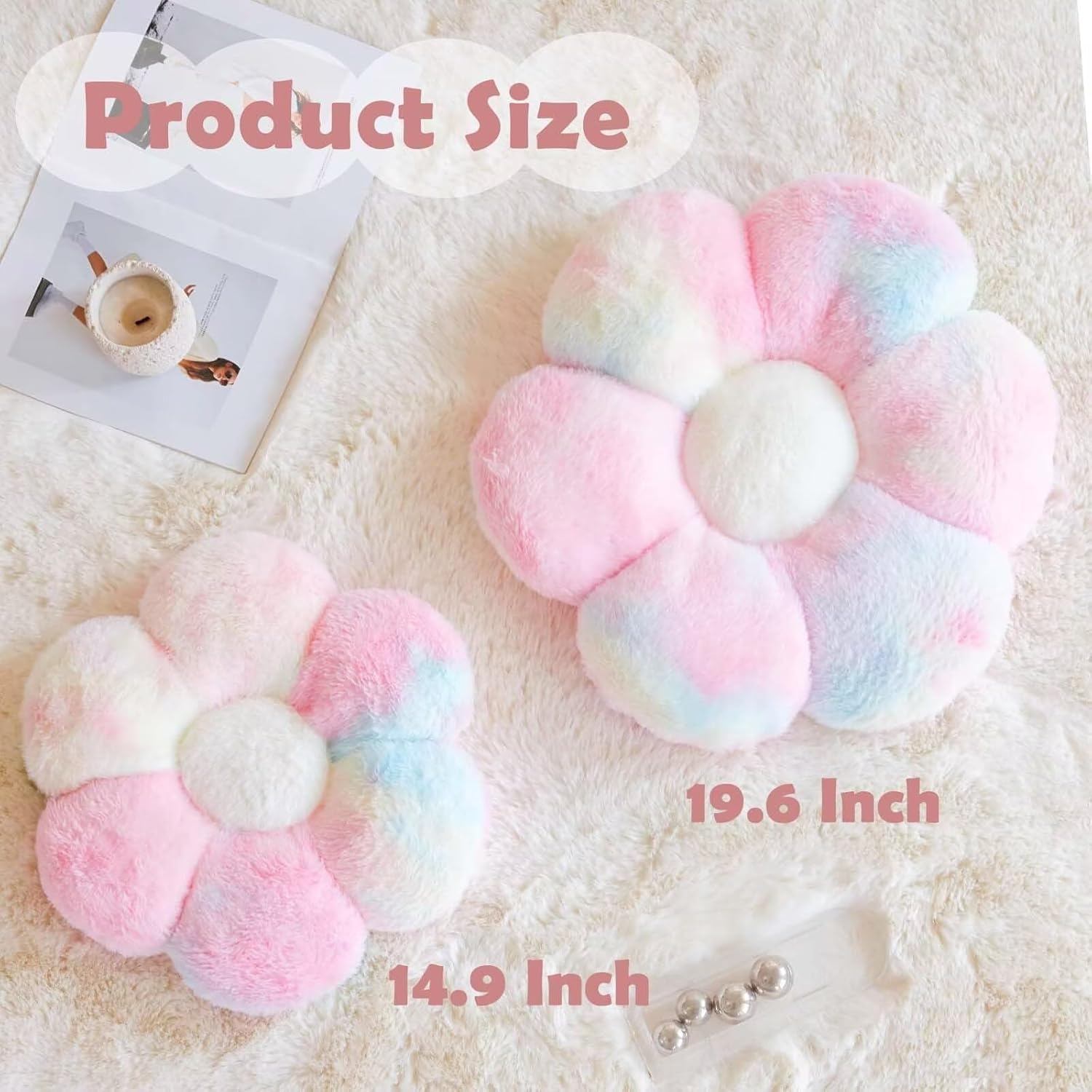Cute Rainbow Flower Pillow with Faux Rabbit Fur