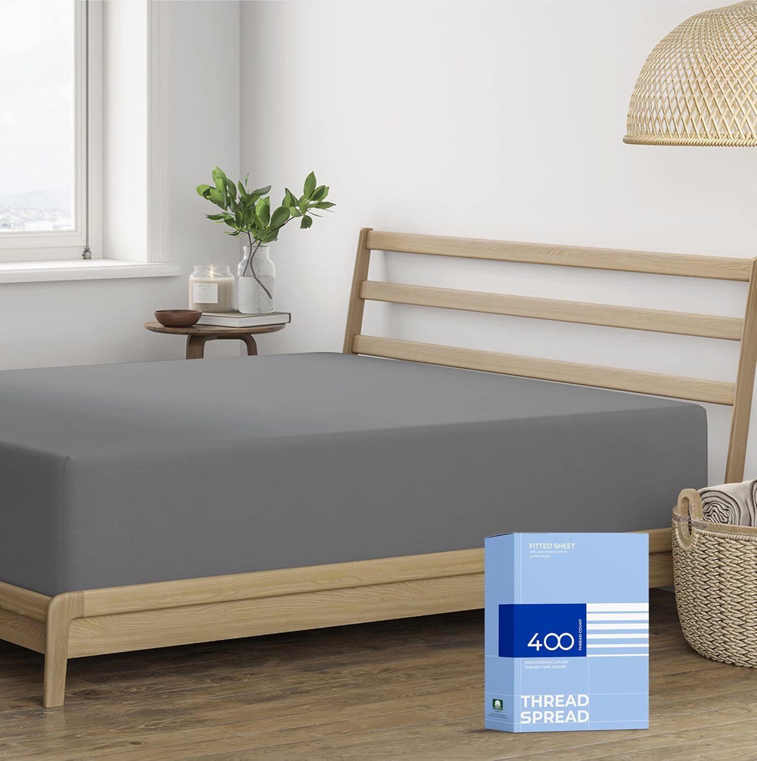 THREAD SPREAD Twin XL Fitted Sheet - 400 TC Cotton Deep Pocket Dark Grey