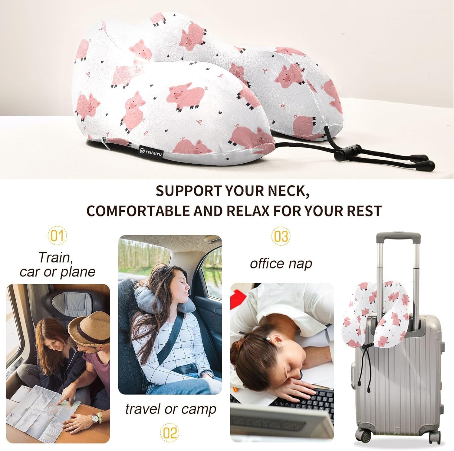 Cute Pig Cartoon Travel Neck Pillow with Storage Bag