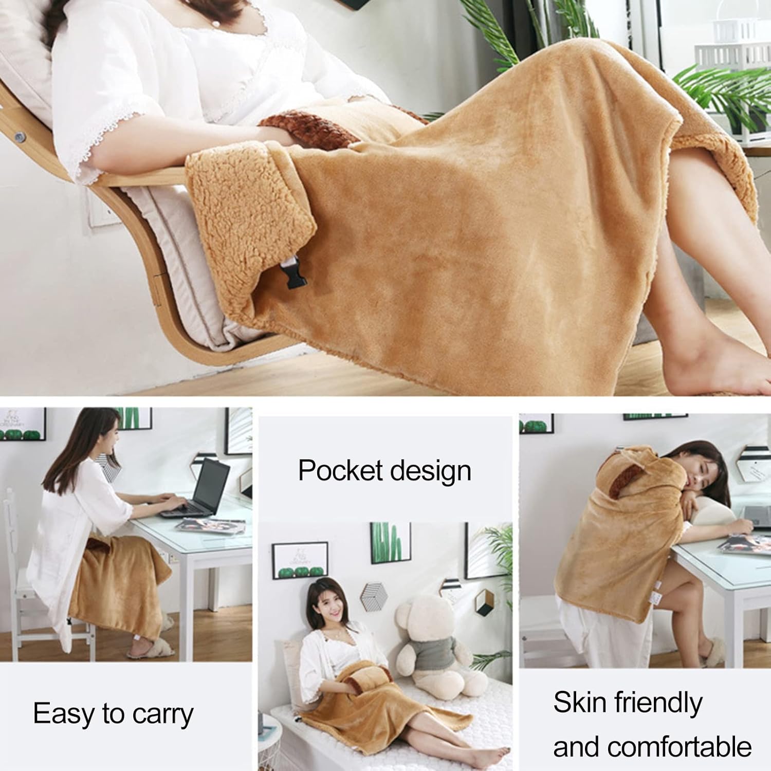 Double Layer Heating Blanket with Buckle and Pockets