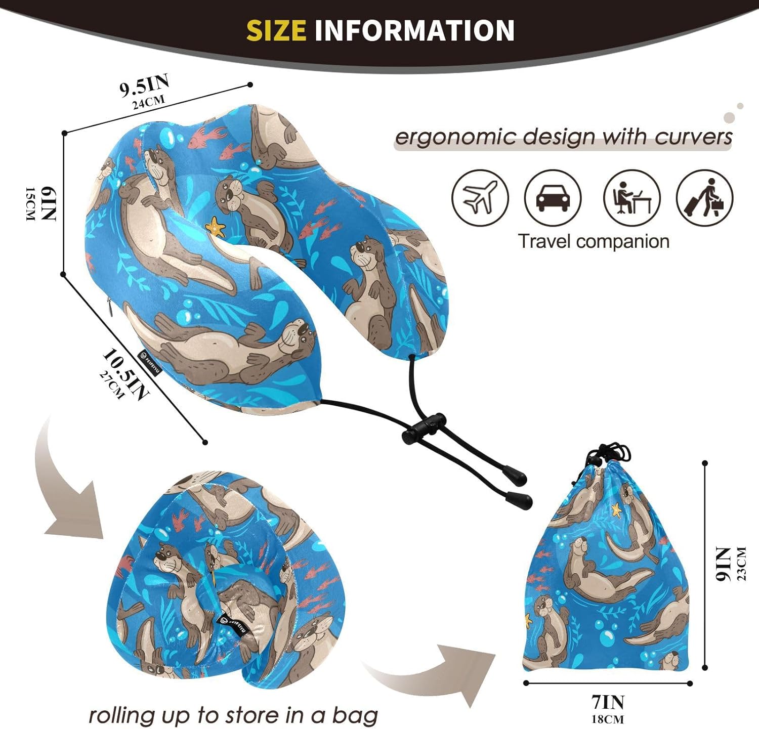 Sletend Cute Otters Travel Neck Pillow with Storage Bag