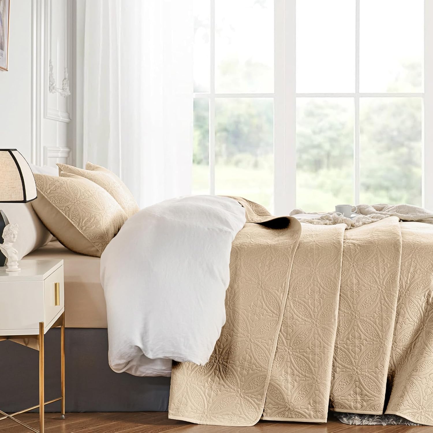 WURUIBO Full Queen Quilt Set Beige Microfiber