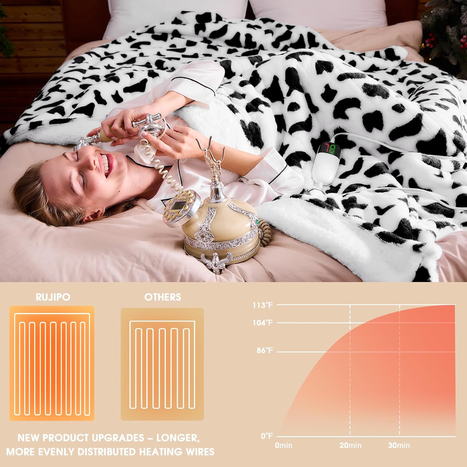 RUJIPO Cow Print Heated Electric Blanket Twin
