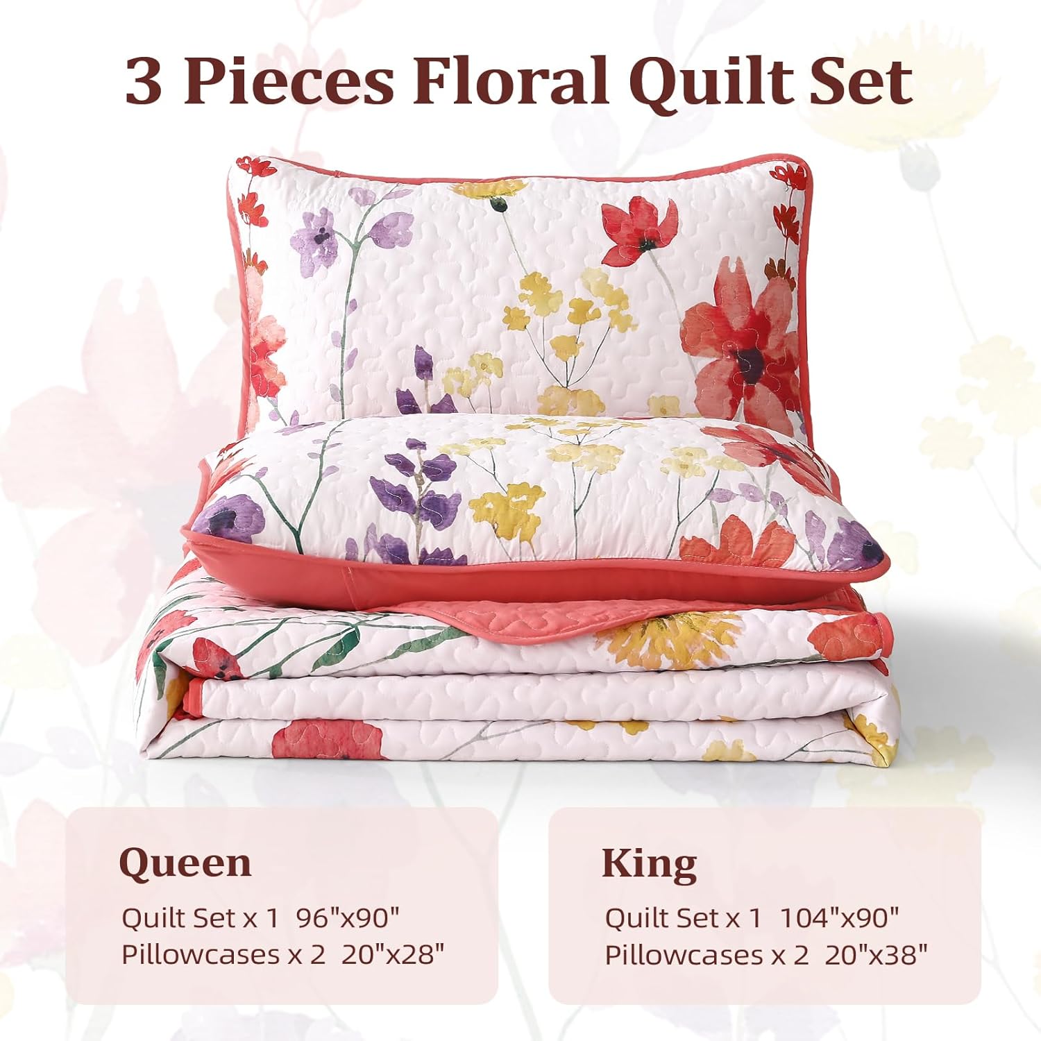 Anibedding Floral Quilt Set King Size 3-Piece Red Bedspread