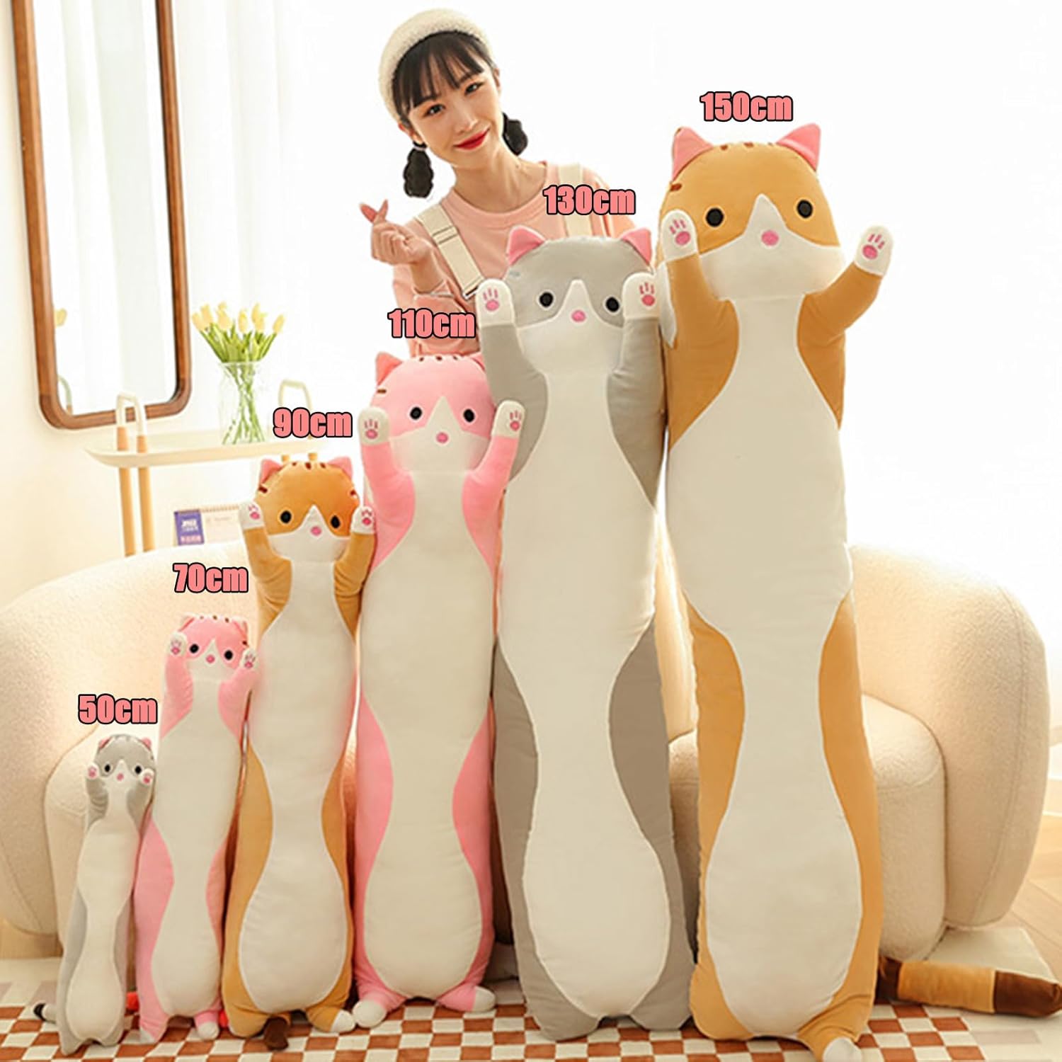 Somao Long Cat Plush Pillow - 90cm Pink Throw Pillow for Kids