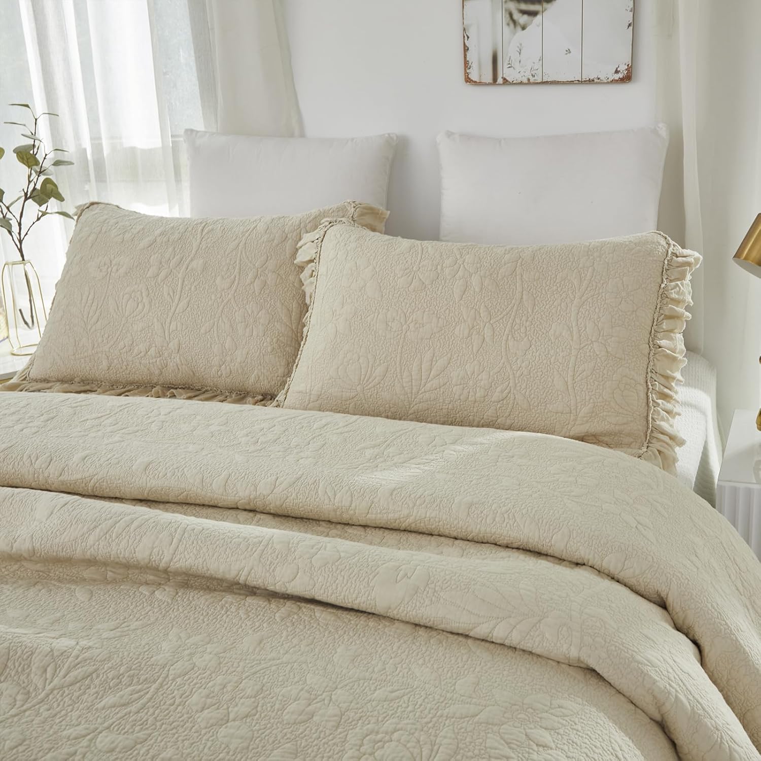 Brandream Queen Quilt Set 3-Piece Cotton Beige