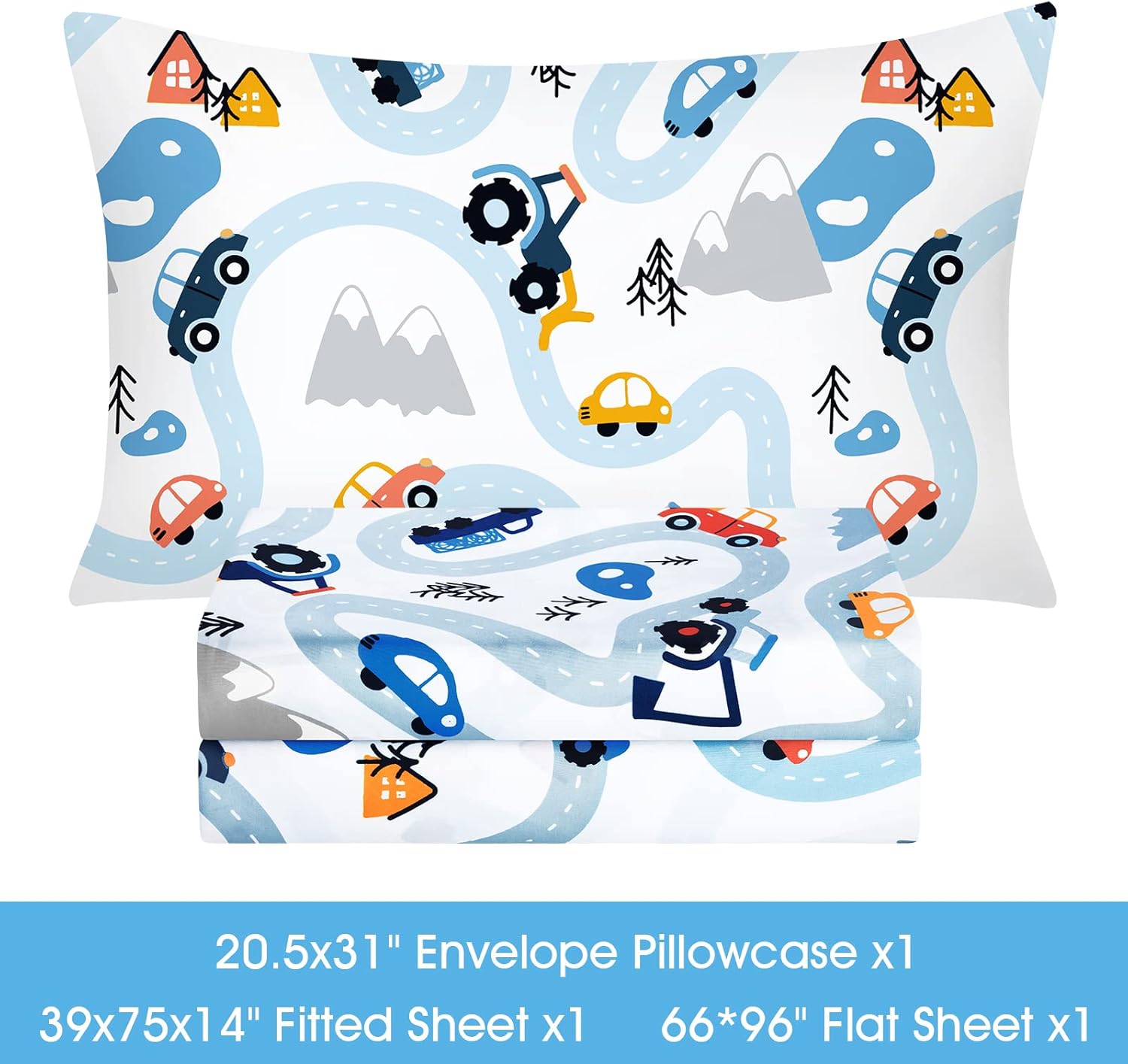 BYSURE Twin Sheets Set Kids Car Trace Blue 3 Pieces
