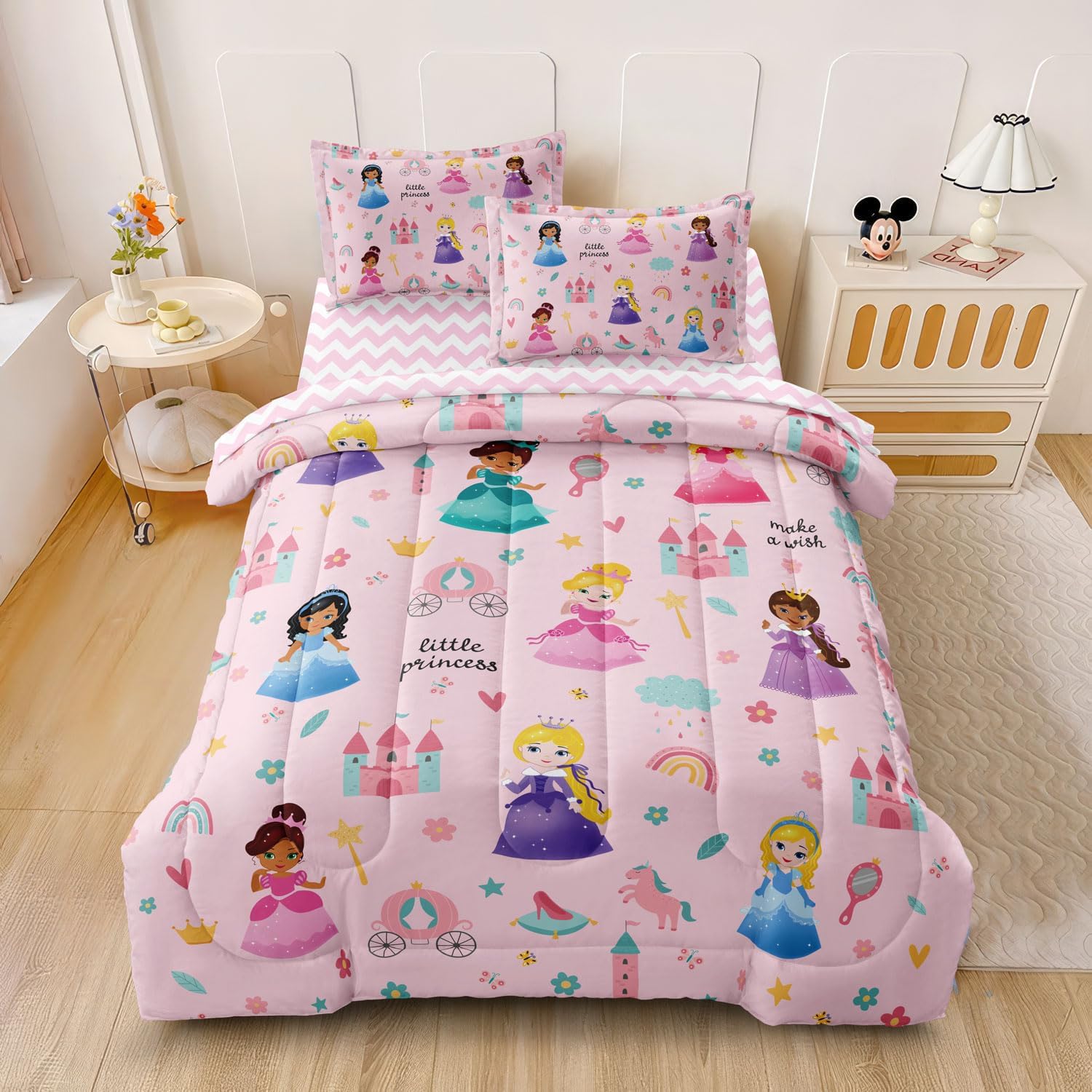 Kids Pink Princess Comforter Set Twin Bed in a Bag 5 Piece