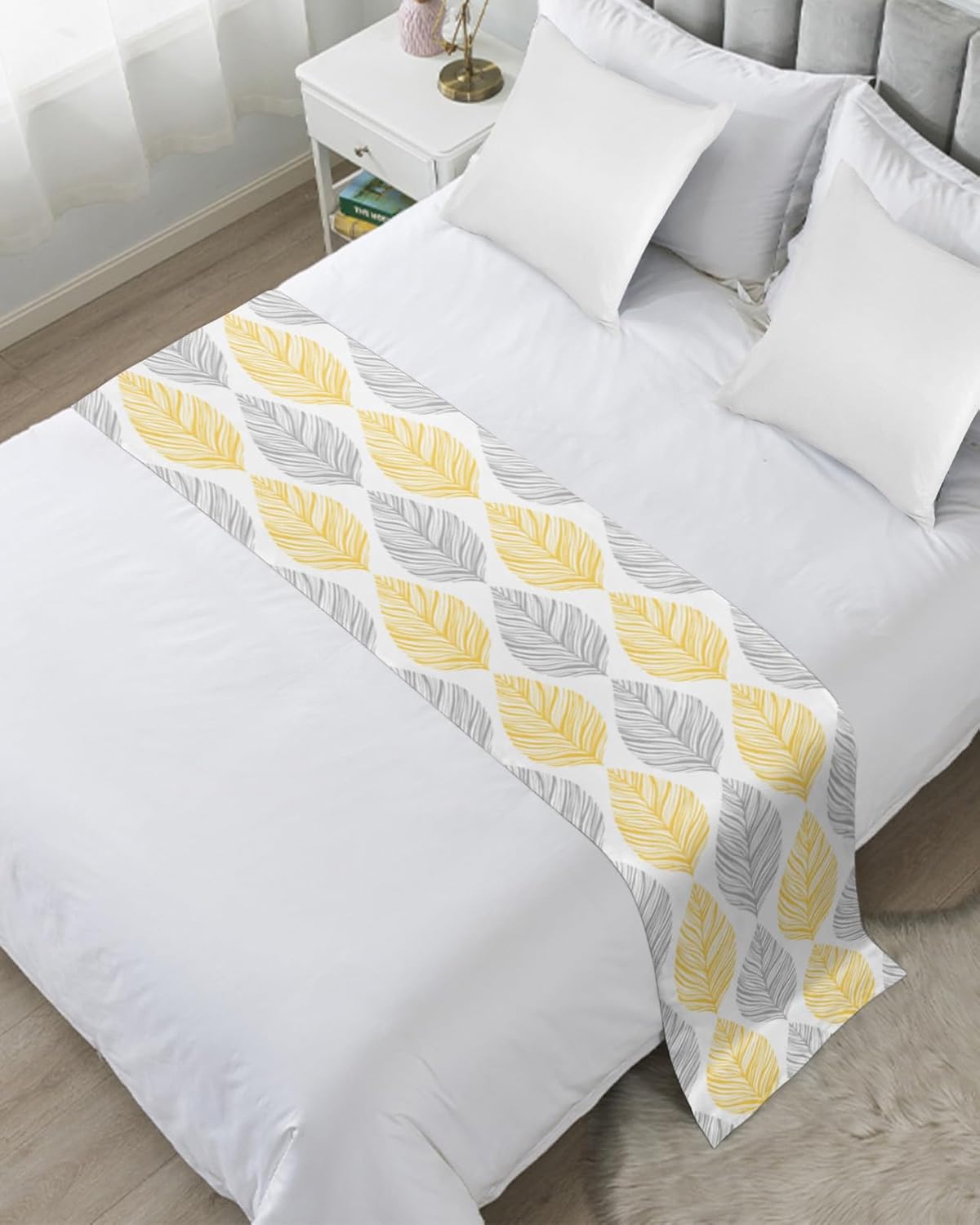 Minimalist Yellow Grey Leaf Bed Runner Scarf 94x20