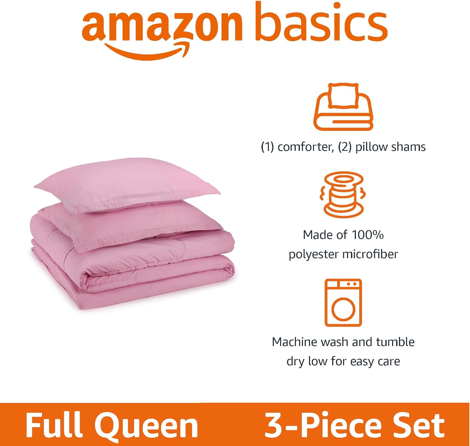Amazon Basics 3-Piece Soft Microfiber Comforter Set Light Pink