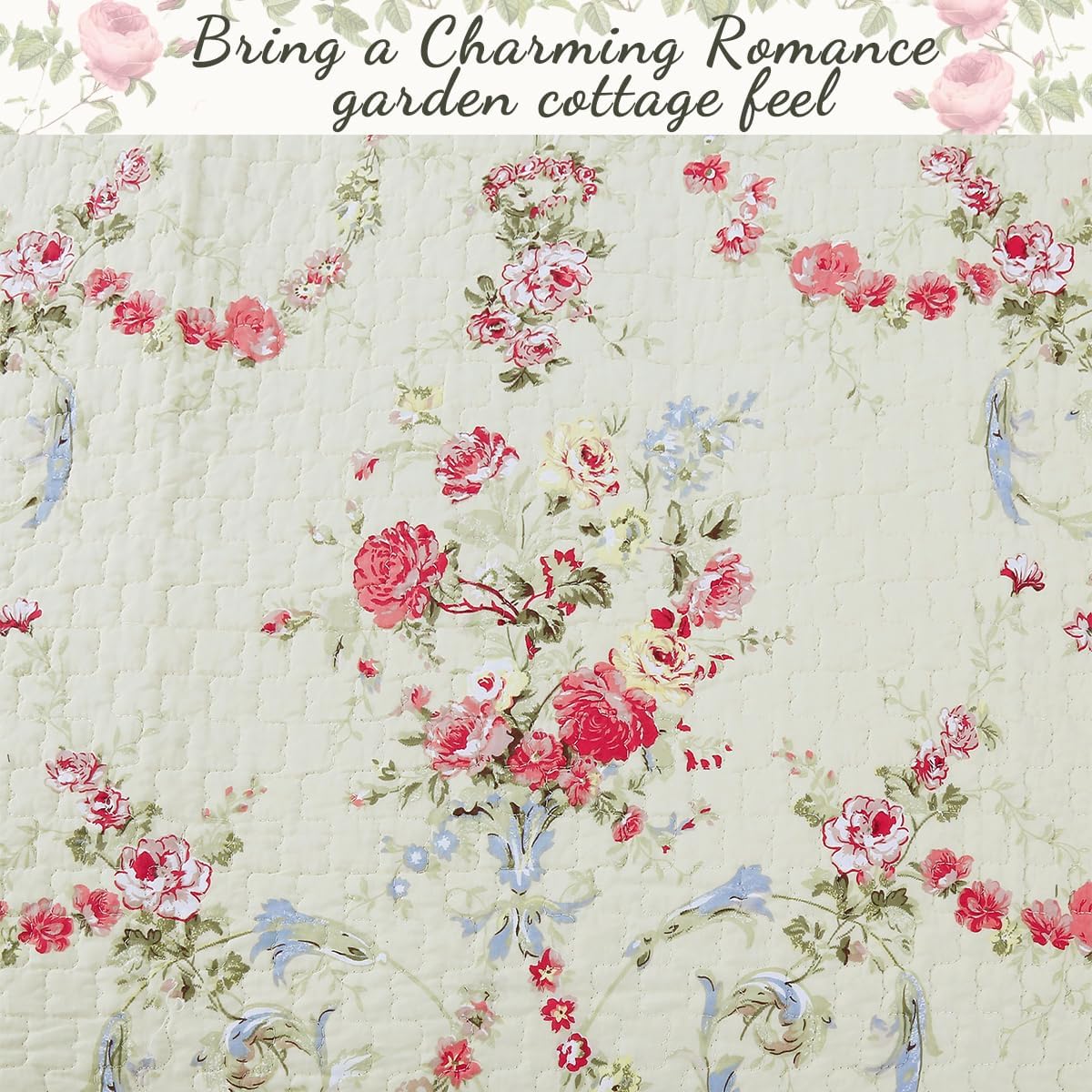 Cozy Line Khaki Cream Yellow Floral Reversible Quilt 3 Piece King Set