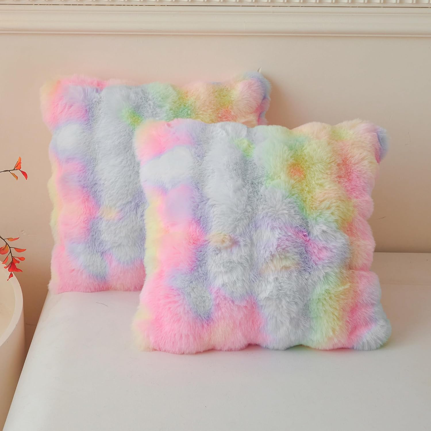 LIFEREVO Fluffy Faux Rabbit Fur Pillow Covers Set of 2