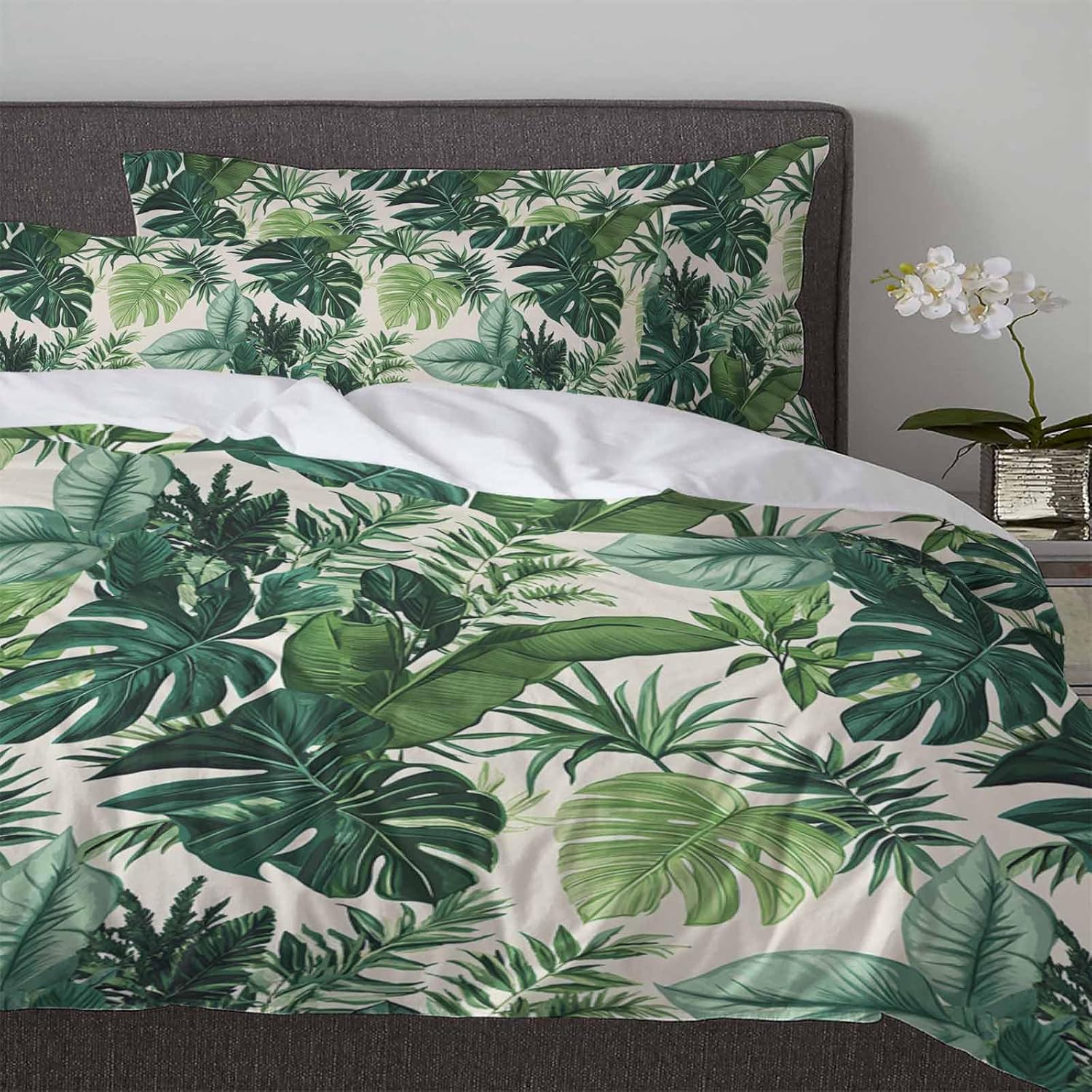3 Piece Queen Bedding Set with Zipper Green Palm Leaf Design