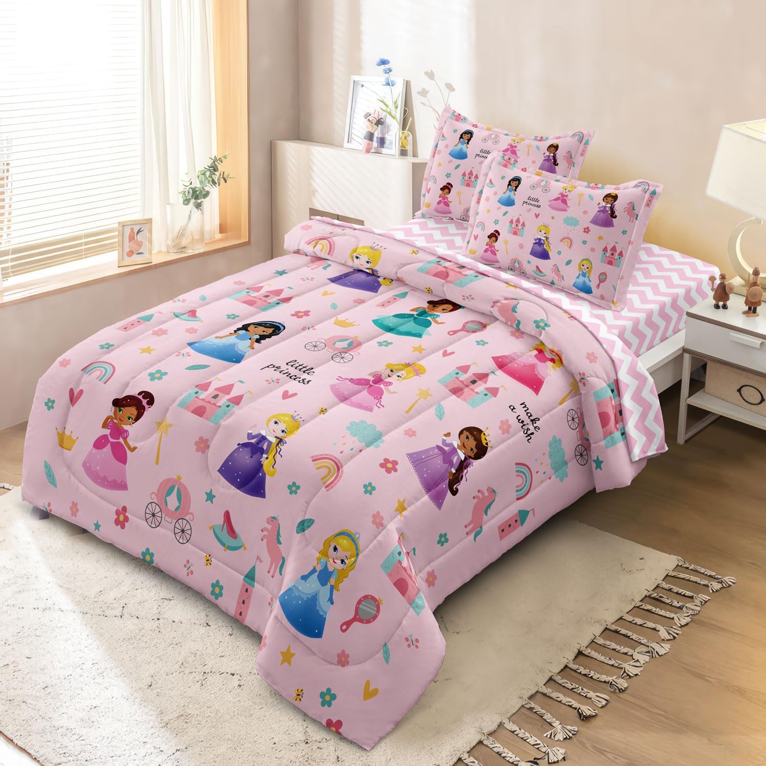 Kids Pink Princess Comforter Set Twin Bed in a Bag 5 Piece