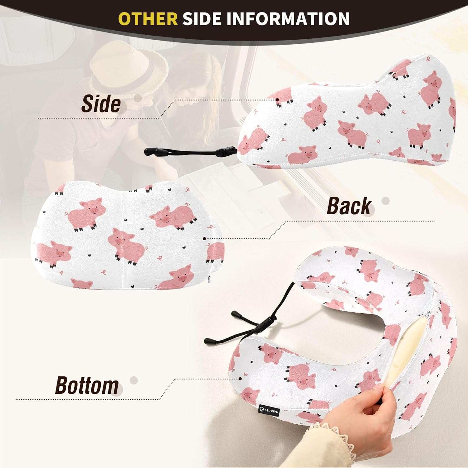 Cute Pig Cartoon Travel Neck Pillow with Storage Bag