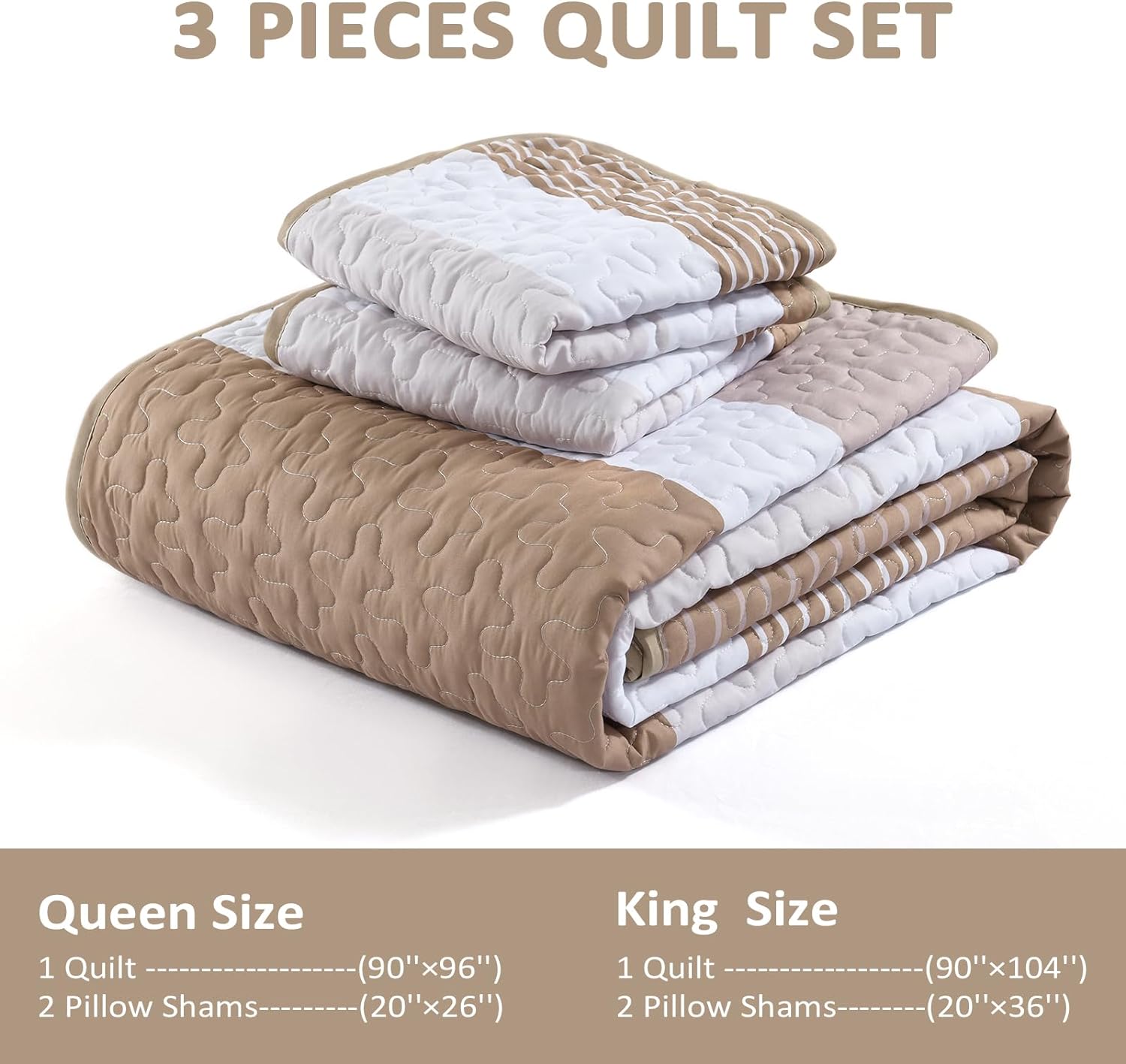 Dinjoy Boho Taupe Quilt Set Queen Size 3 Pieces