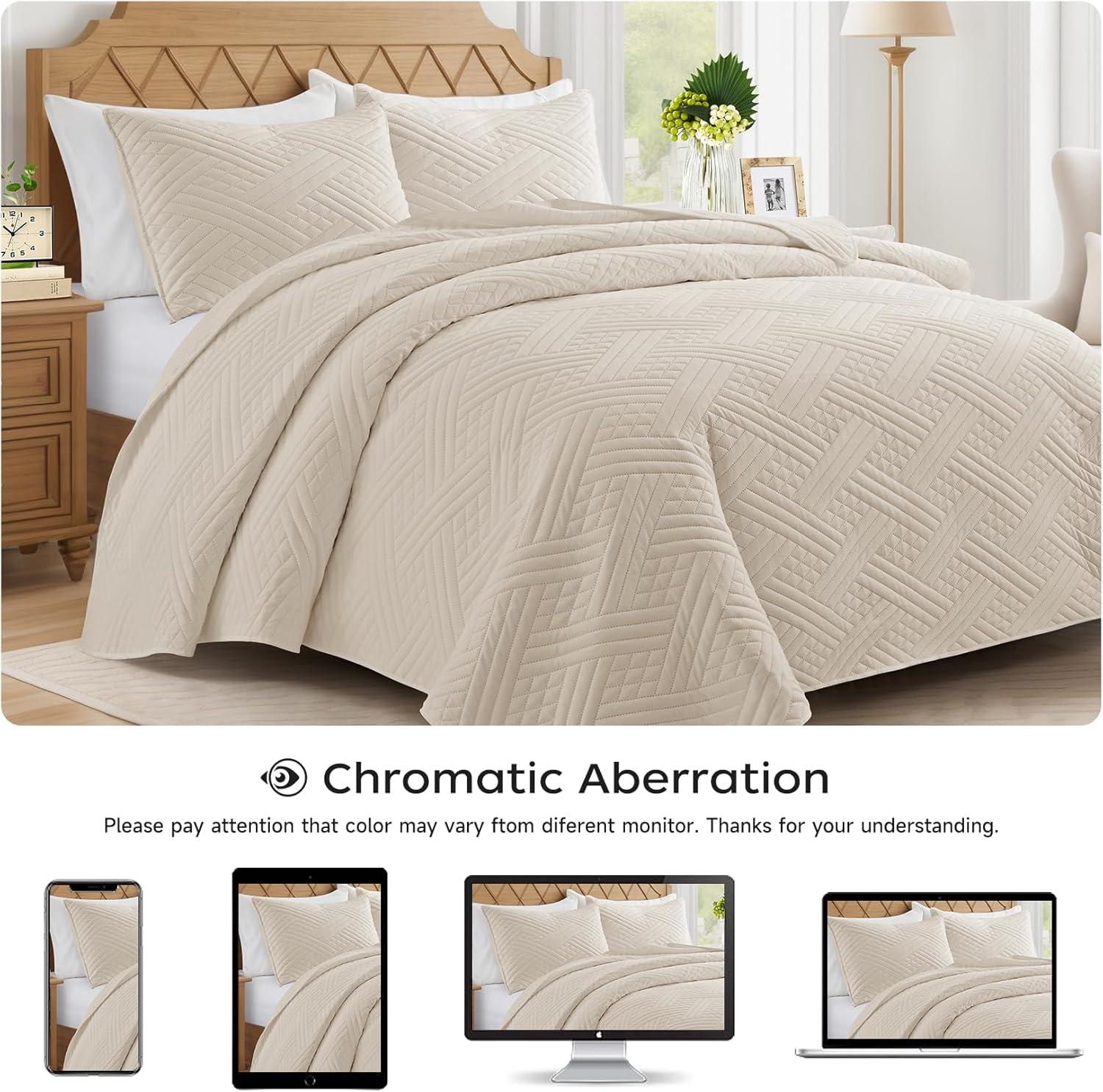 Lavsiry Beige Stripe Quilt Set California King Size