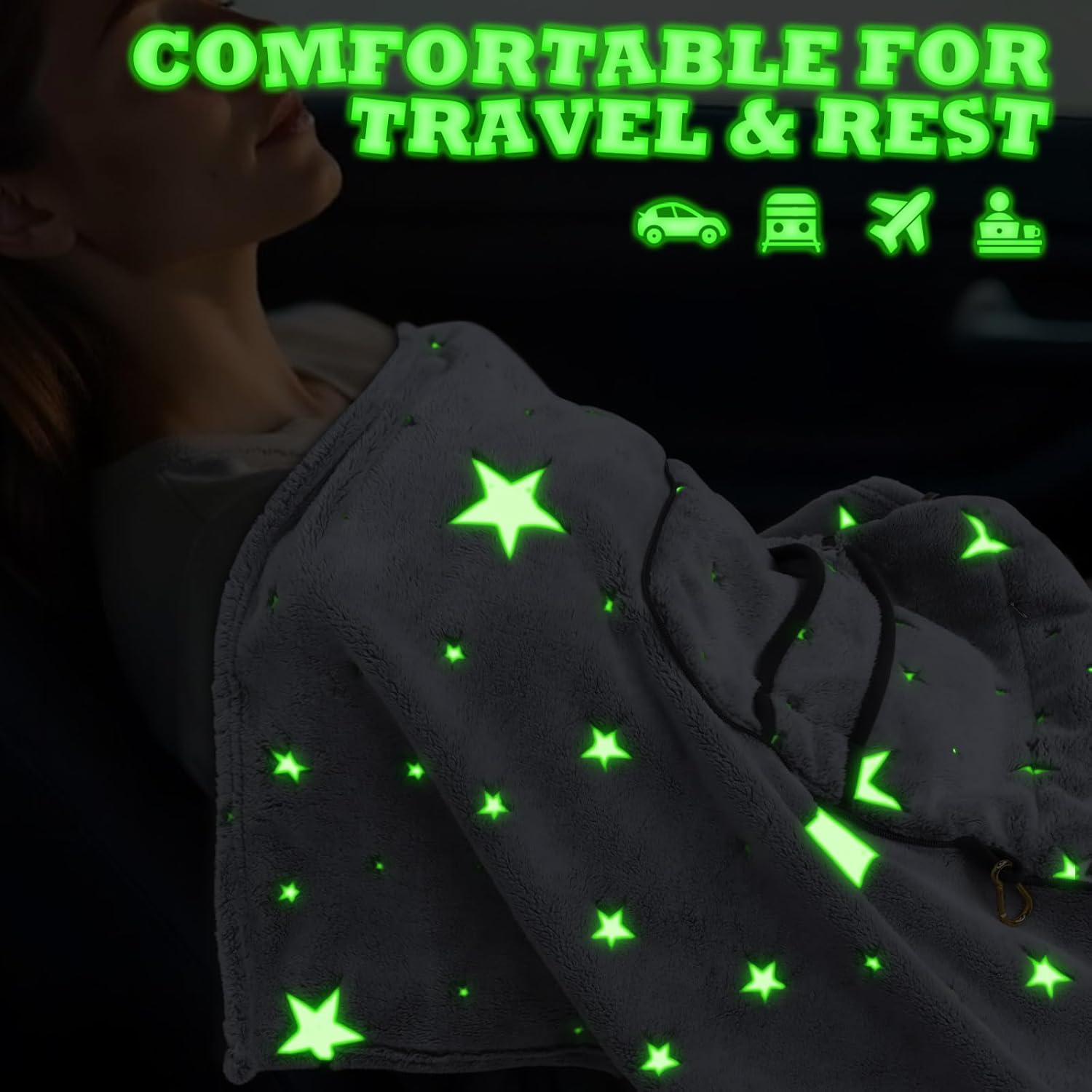 HWING Travel Blanket with Bag - Glow in The Dark Stars Pillow Set