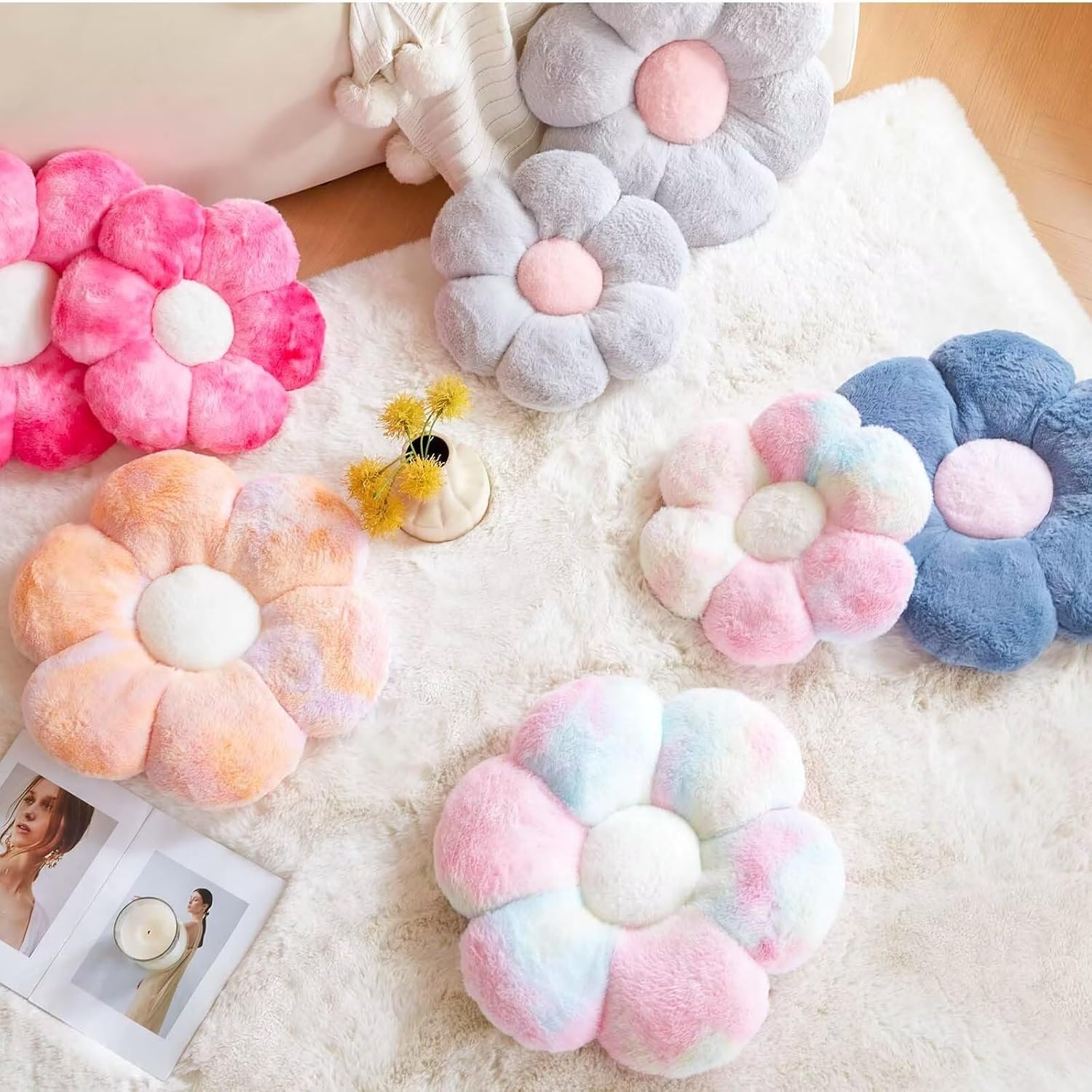 Cute Rainbow Flower Pillow with Faux Rabbit Fur