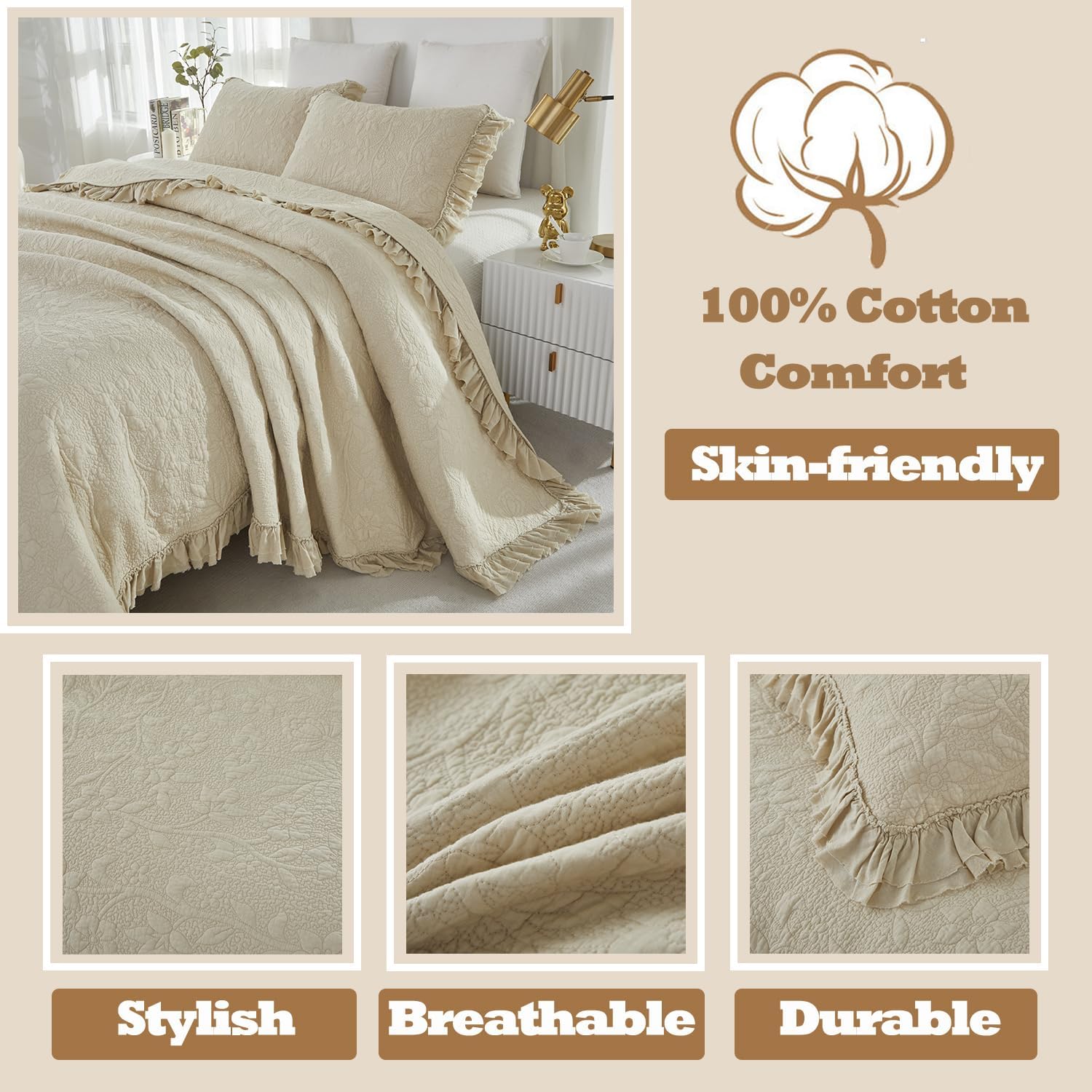 Brandream Queen Quilt Set 3-Piece Cotton Beige