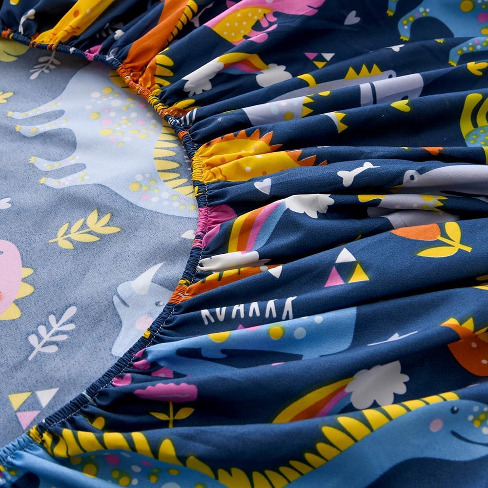 NATURETY Bed Fitted Sheet Dino Print Full Size Navy Blue