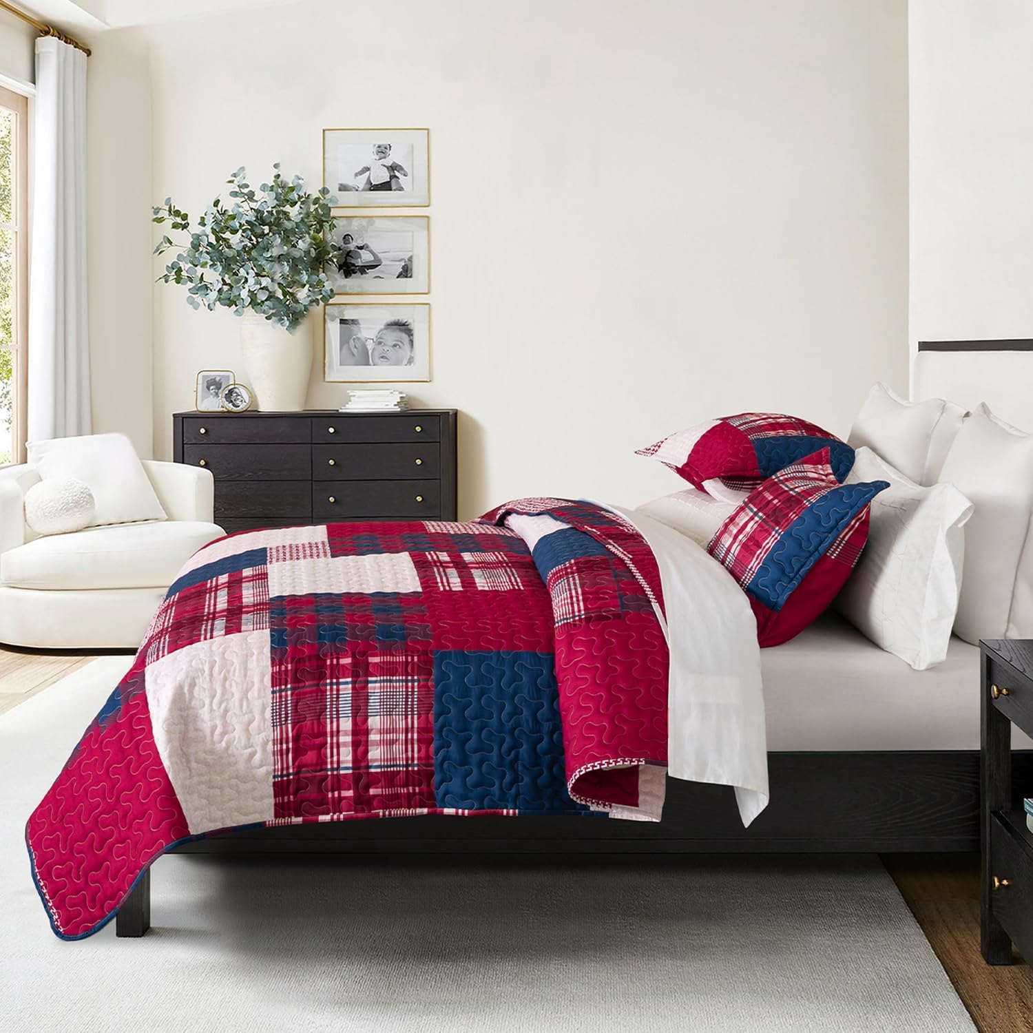 DURLENGEN Boho Quilt Set Queen 3Pcs with Red Navy Patchwork