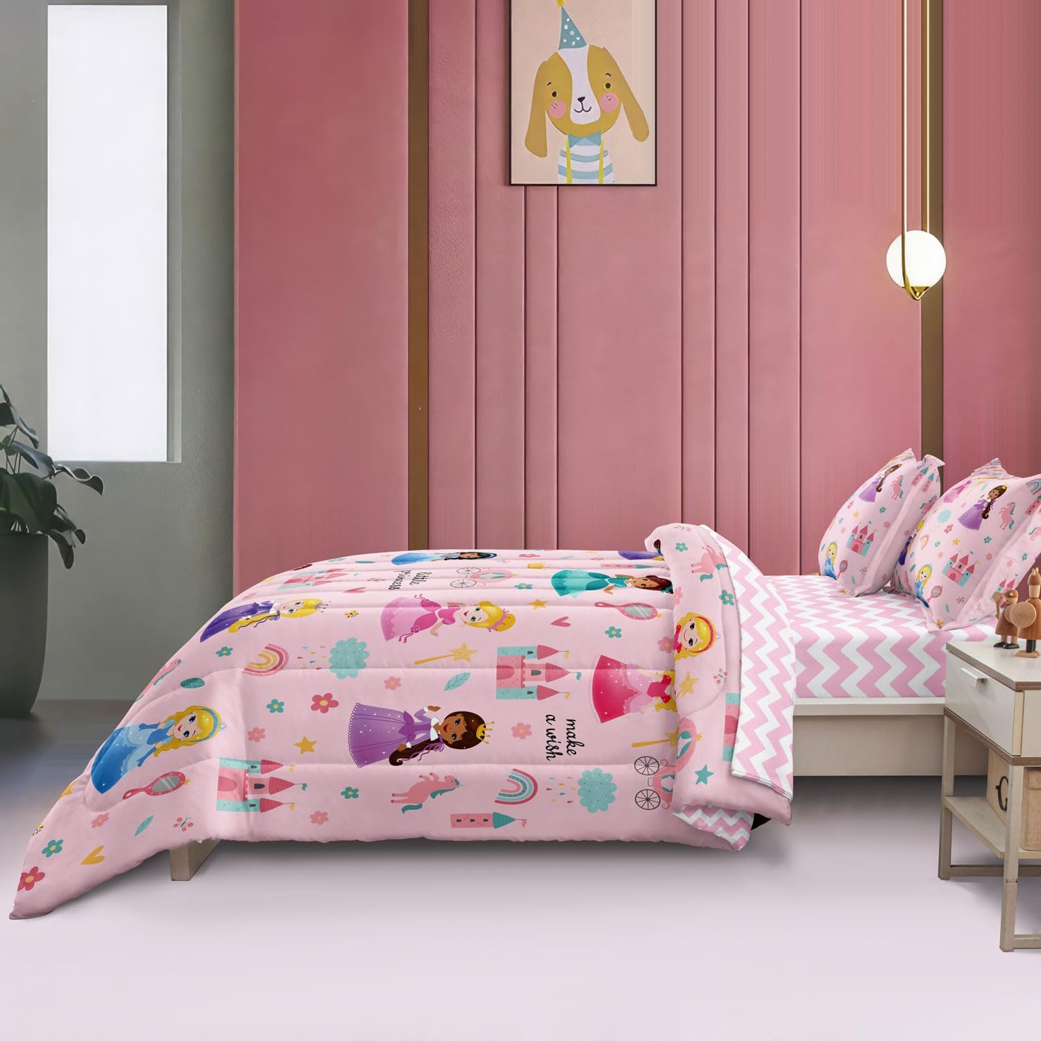 Kids Pink Princess Comforter Set Twin Bed in a Bag 5 Piece