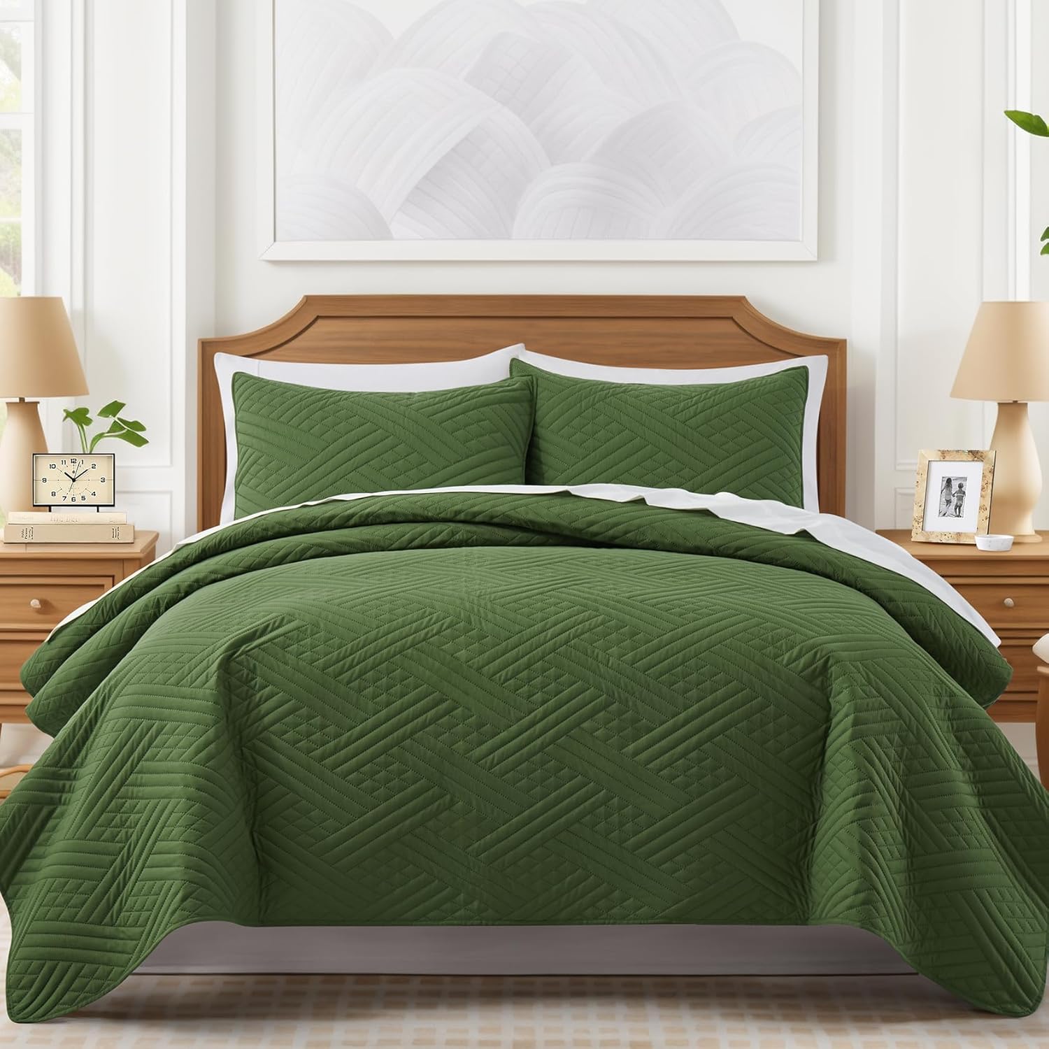 Lavsiry Olive Green Quilt Set Queen Size 3 Piece
