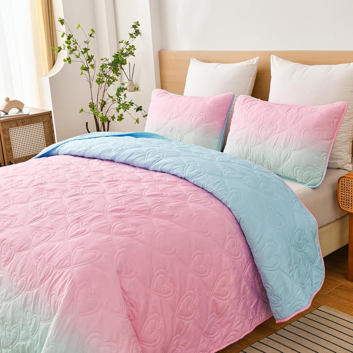 Xruibed Pink Ombre Quilt Set Queen 3PCS Summer Use