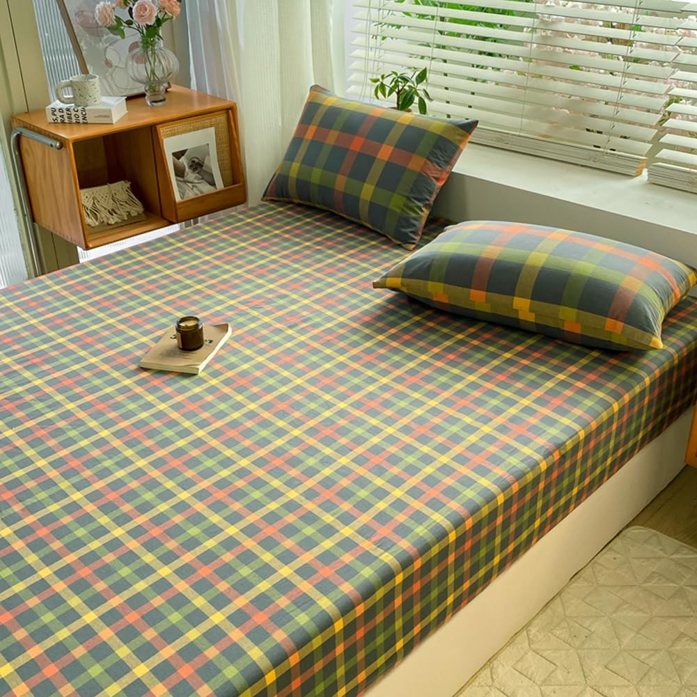 VM VOUGEMARKET Queen Plaid Fitted Sheet with 15 Deep Pocket