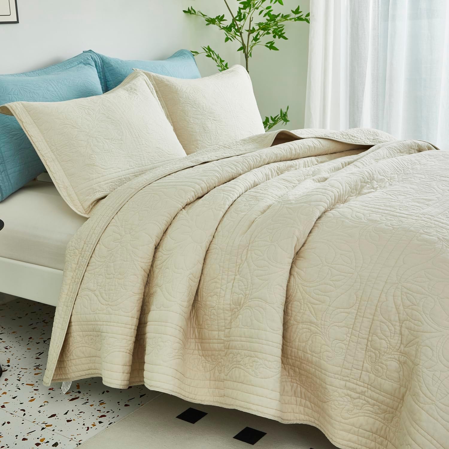 WINLIFE 100 Cotton Quilt Set Full Queen 90x98 Inch Beige