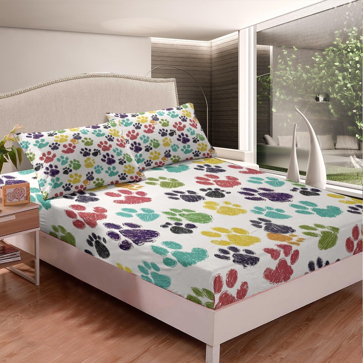Feelyou Pup Dog Paw Print Sheet Set King Size