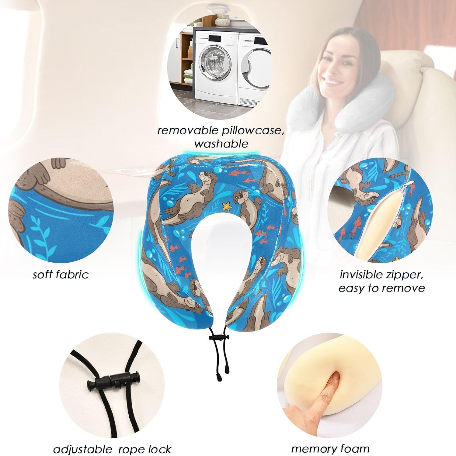 Sletend Cute Otters Travel Neck Pillow with Storage Bag