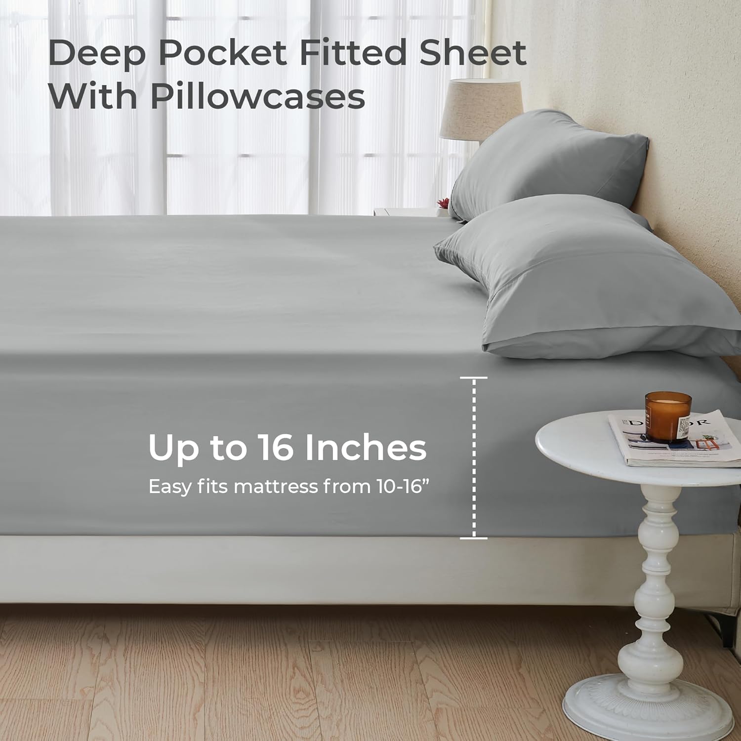 GOKOTTA Bamboo Rayon Fitted Sheet Set with 4 Elastic Straps