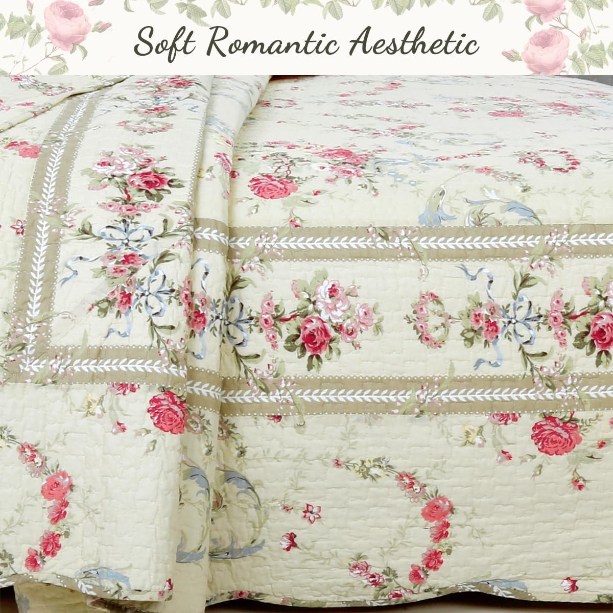 Cozy Line Khaki Cream Yellow Floral Reversible Quilt 3 Piece King Set