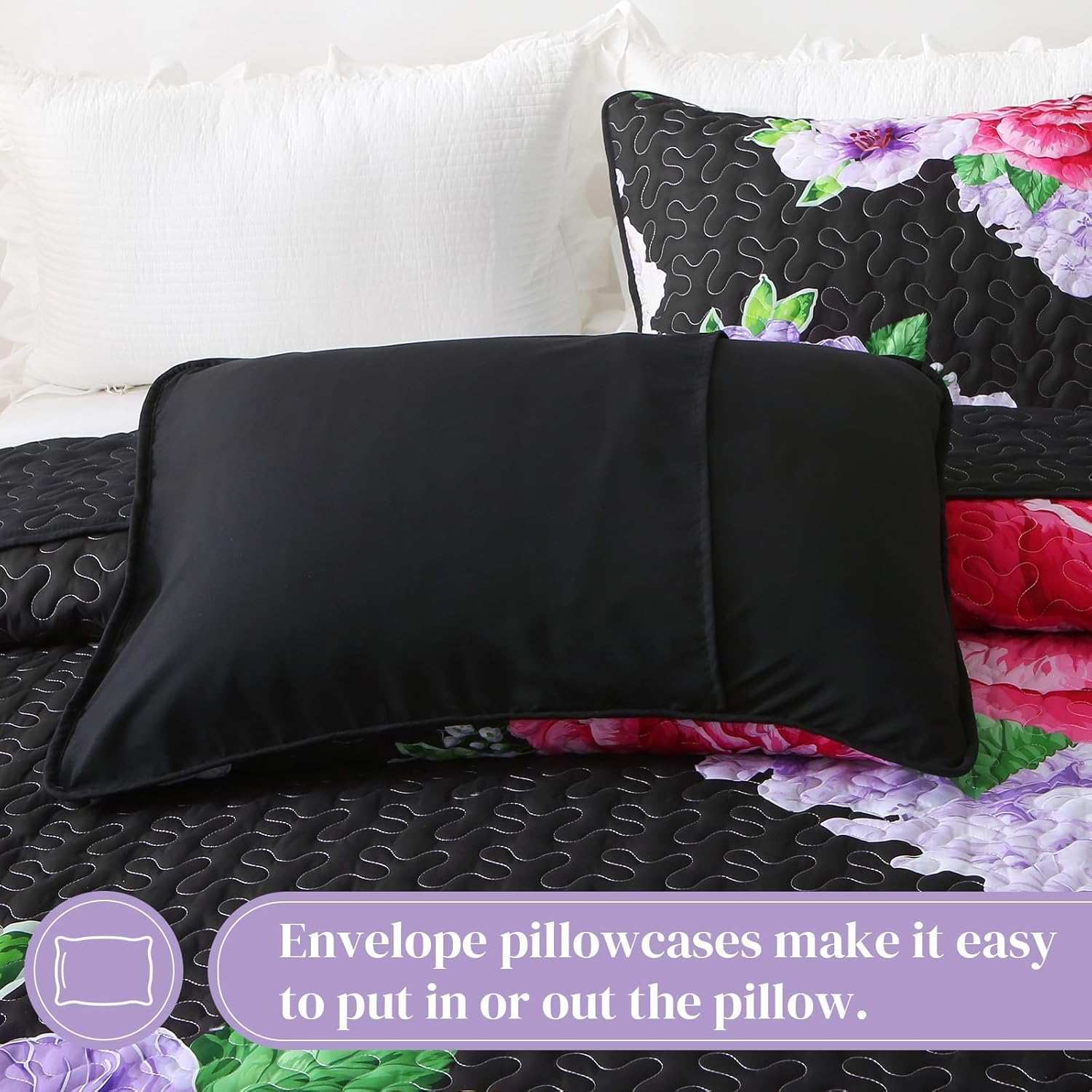 Heymybed Black Floral Queen Quilt Set 3 Pieces