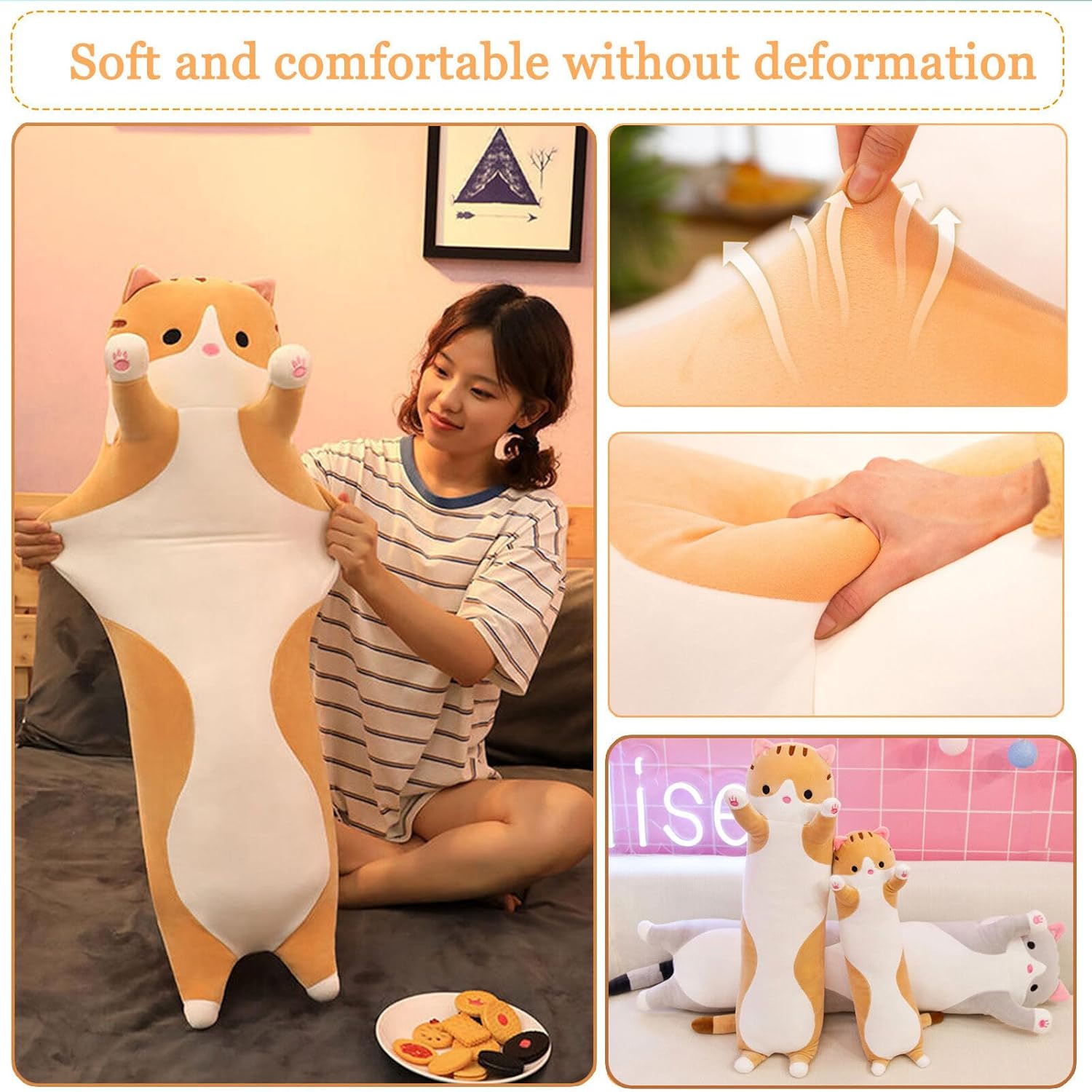 Somao Long Cat Plush Pillow - Soft Hugging Pillow for Kids and Adults