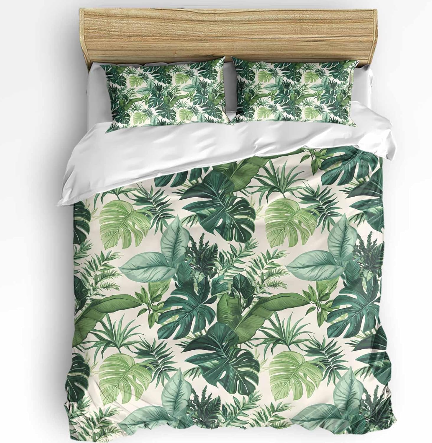 3 Piece Queen Bedding Set with Zipper Green Palm Leaf Design