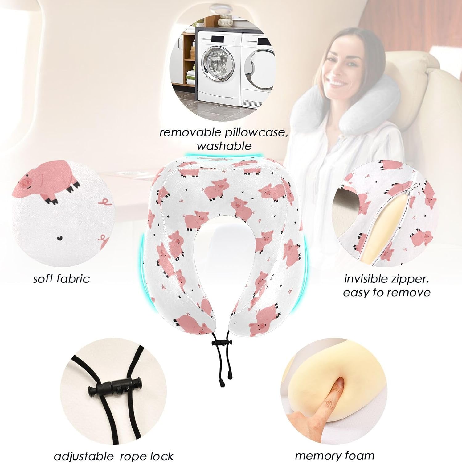 Cute Pig Cartoon Travel Neck Pillow with Storage Bag