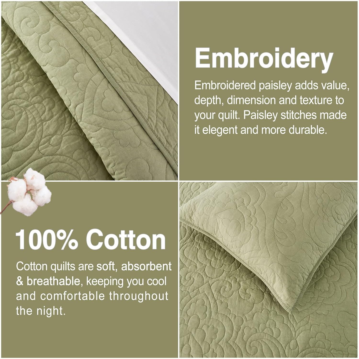 Querencia 100 Cotton Queen Quilt Set - Sage Green Paisley Pattern 3 Pieces