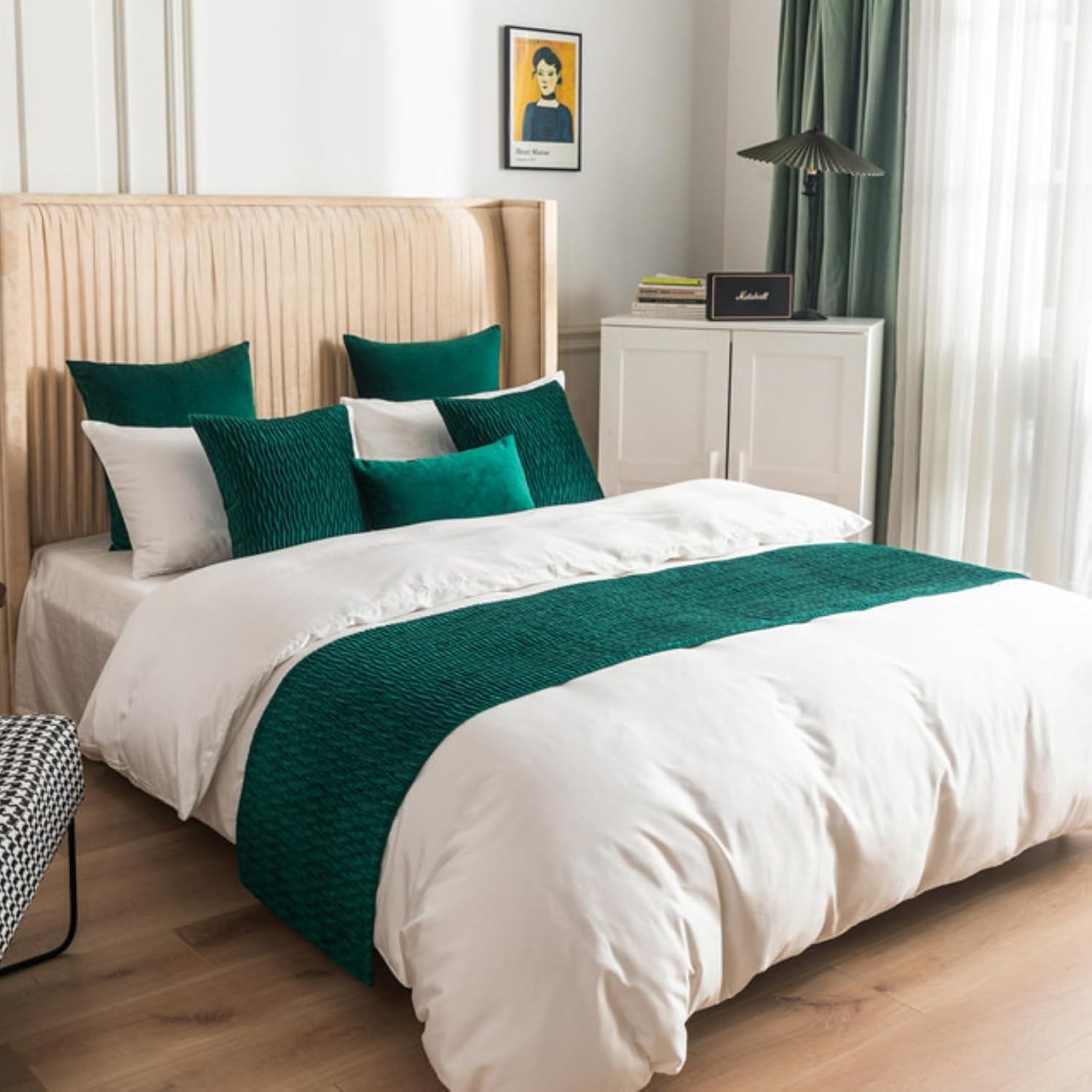 Velvet Bed Runner with Wave Pattern Emerald Green 45x210cm