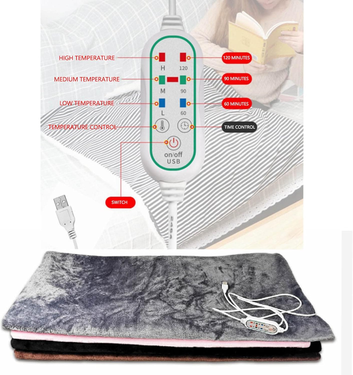 USB Heated Flannel Throw Blanket 3 Heat Levels Auto Off Gray