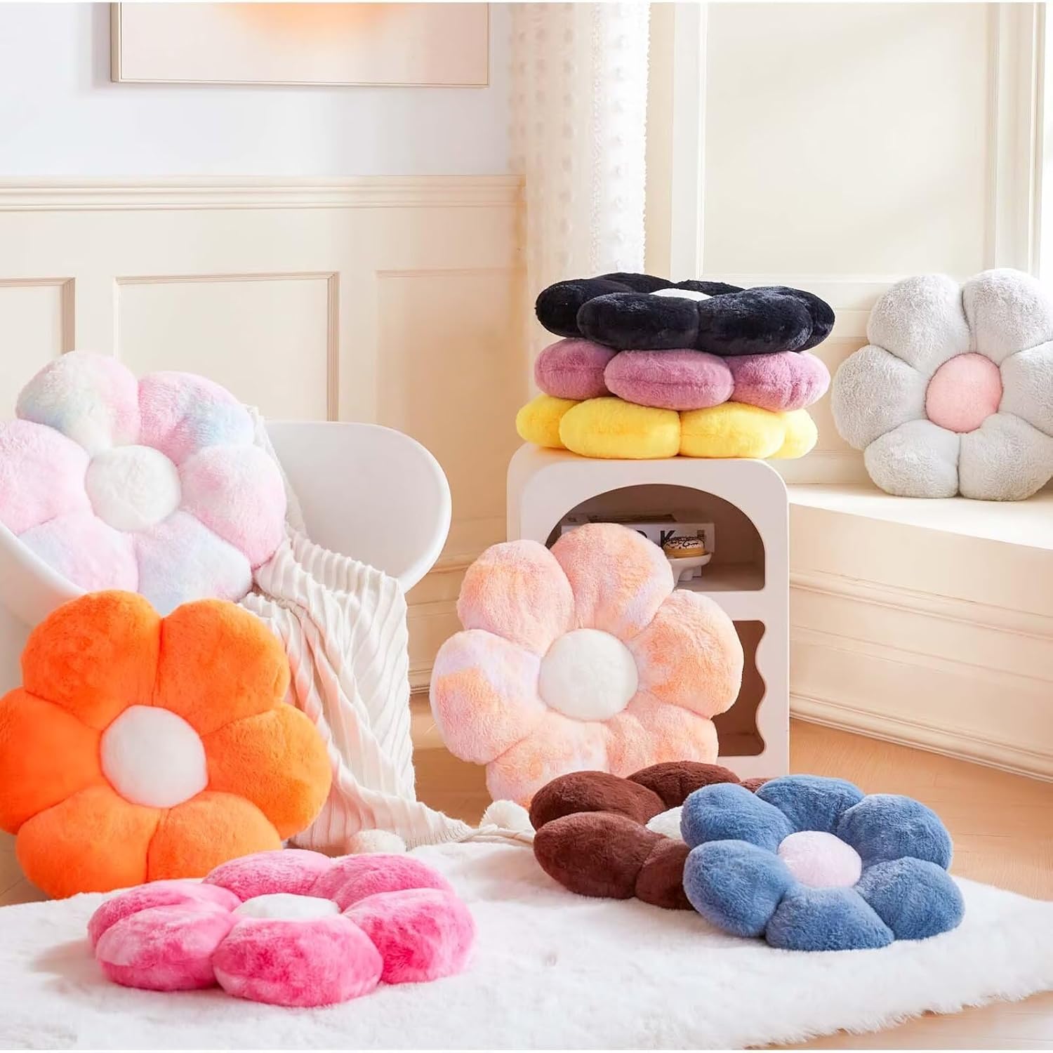 Cute Rainbow Flower Pillow with Faux Rabbit Fur