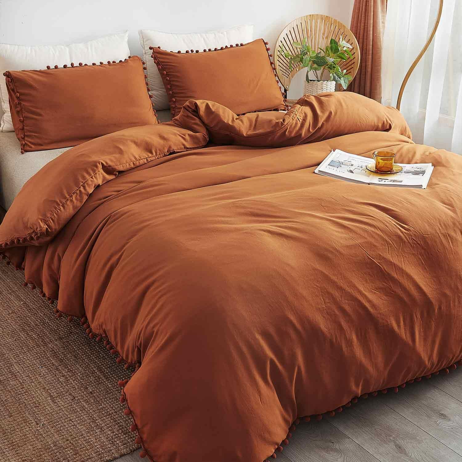 ETDIFFE Burnt Orange Duvet Cover Set Queen Size 3pc