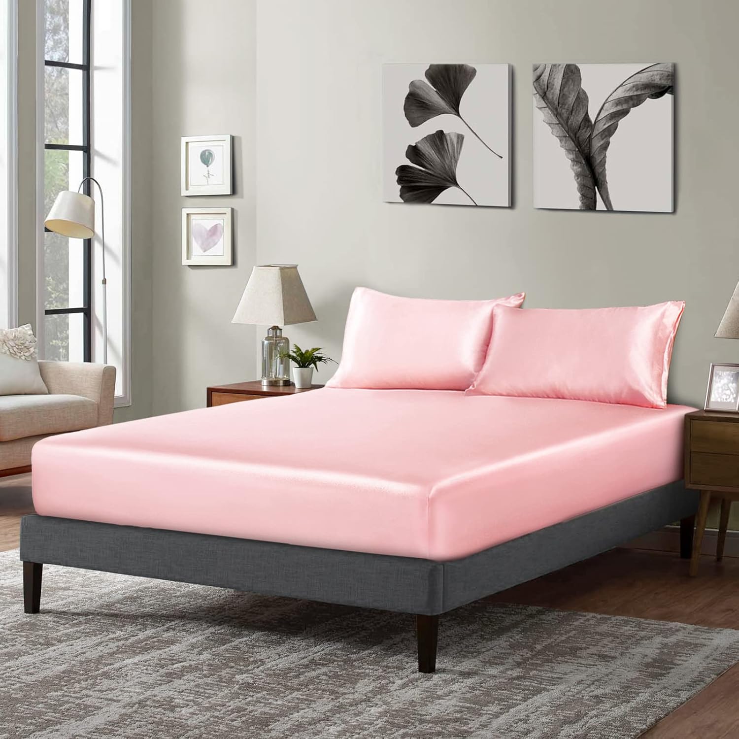 P Pothuiny Satin Fitted Sheet Twin XL Blush Pink