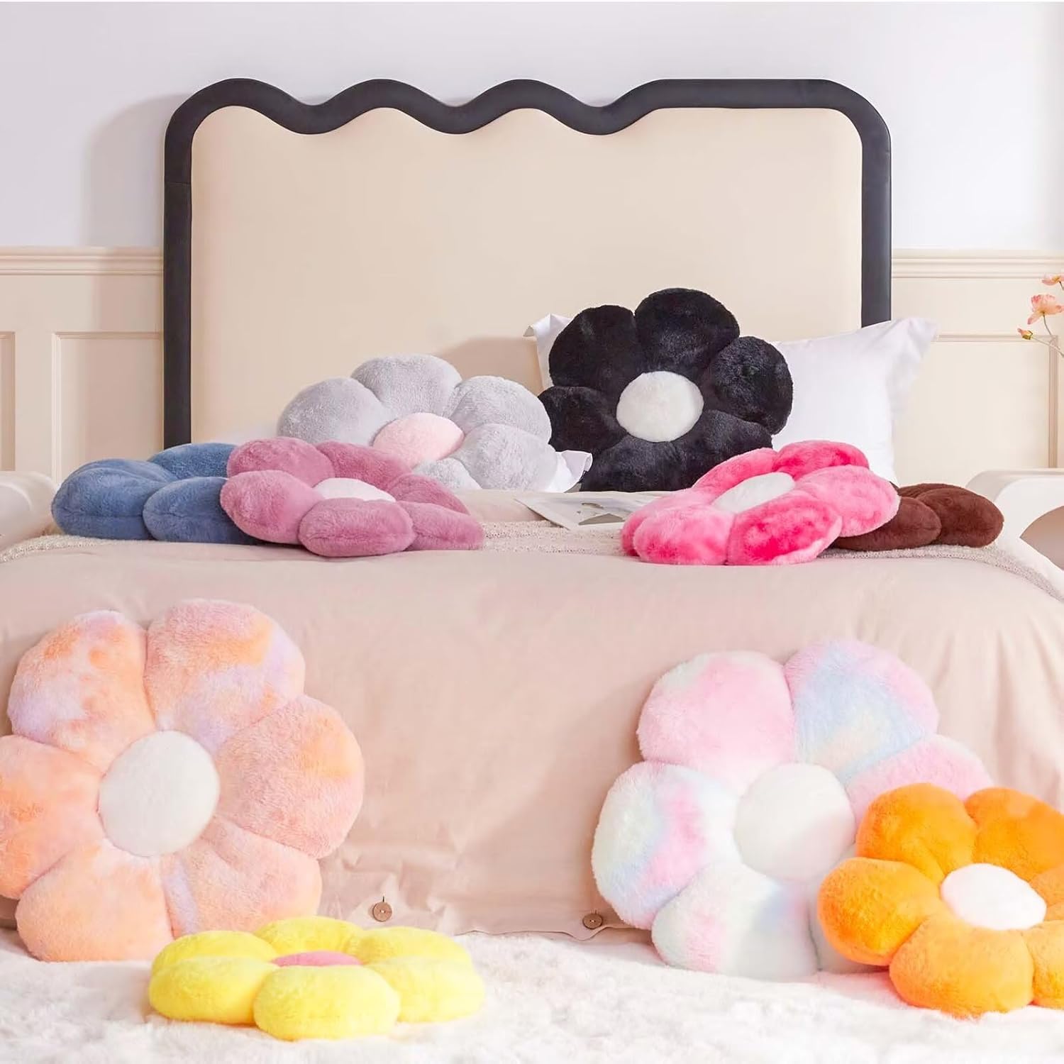 Cute Rainbow Flower Pillow with Faux Rabbit Fur