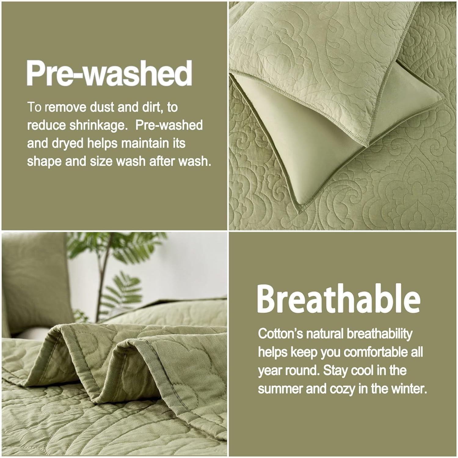Querencia 100 Cotton Queen Quilt Set - Sage Green Paisley Pattern 3 Pieces
