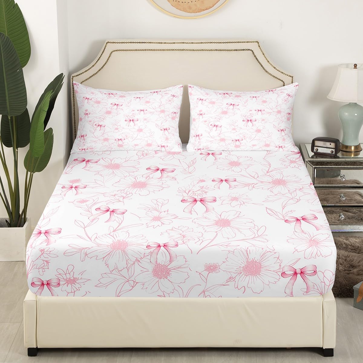 Pink Bow Fitted Sheet Set with Pillowcase