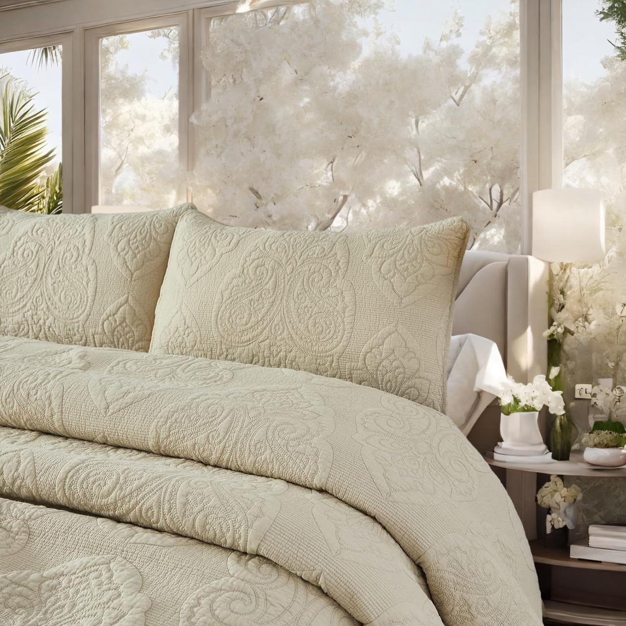 Brandream Queen Size Quilt Set 3-Piece Cotton Beige